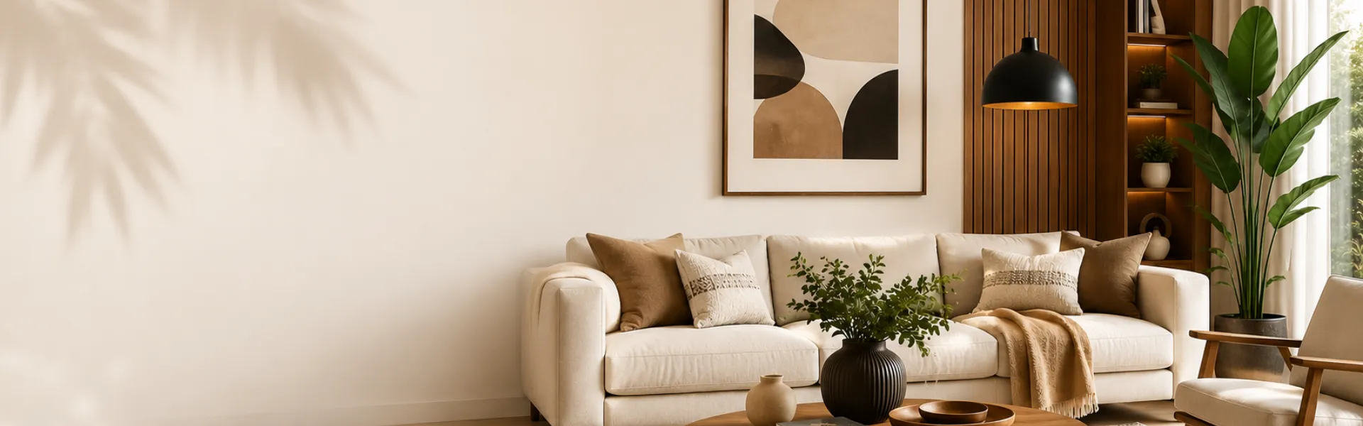 Desk & Decor homepage banner featuring a modern living room with premium home decor, stylish furniture, wall art, lighting, and interior design inspiration.
