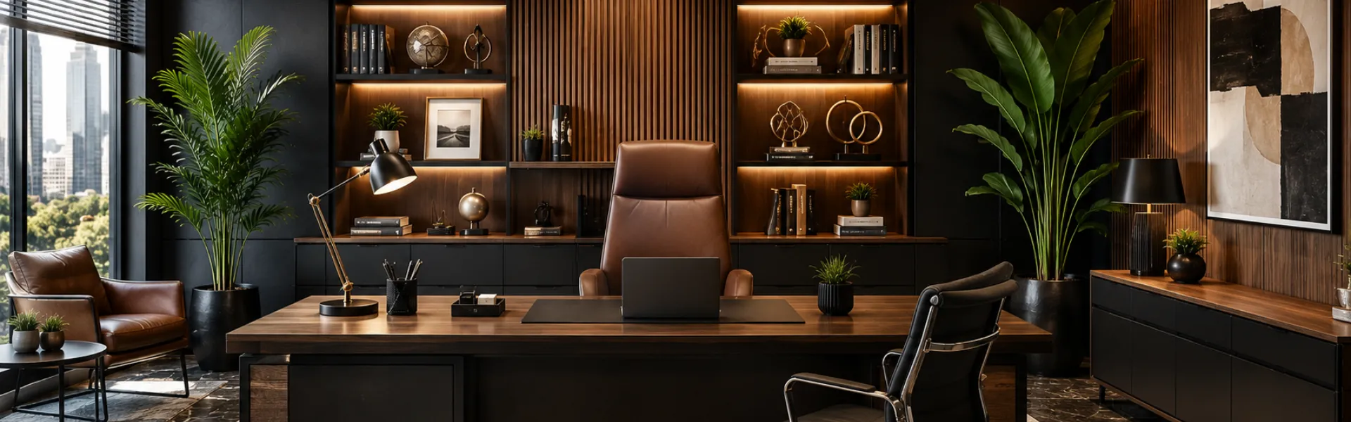 Desk & Decor commercial office interior featuring premium office furniture, modern workspace decor, executive furnishings, stylish lighting, and interior design inspiration for commercial spaces.