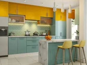 Yellow & Mint Modular Kitchen with Breakfast Island Modular Kitchen Desk and Decor 