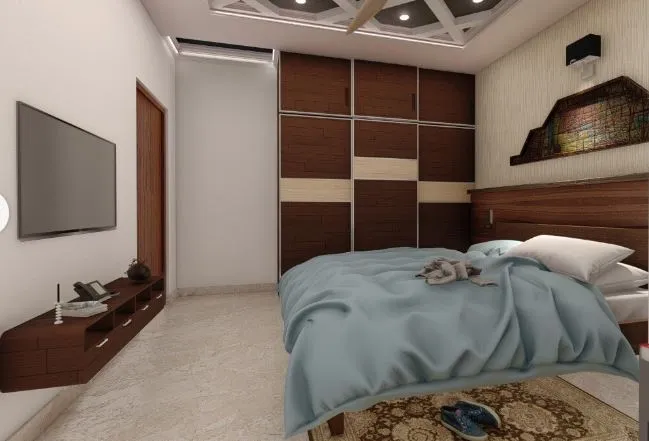 Master Bedroom with Wardrobe & Geometric Ceiling Modern Bedroom Desk and Decor 