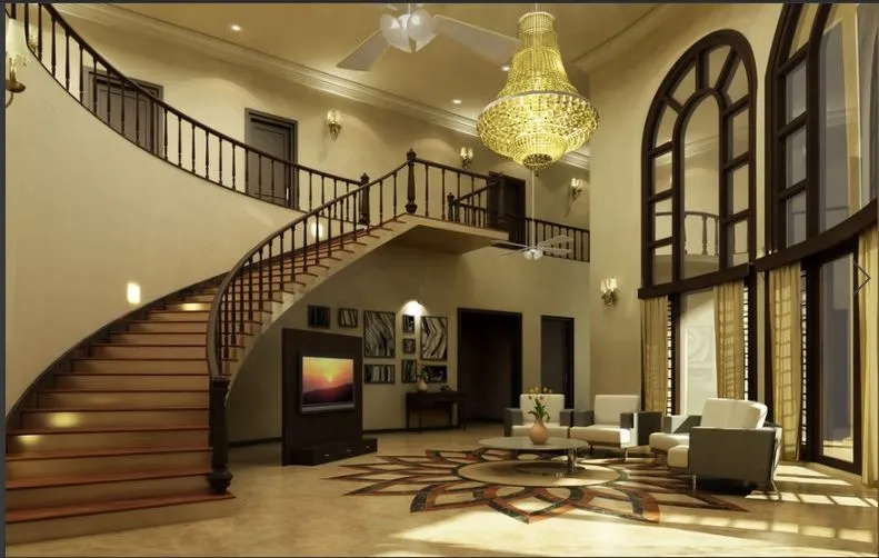 Double-Height Living Hall with Grand Staircase Modern Living Room Designs Desk and Decor 