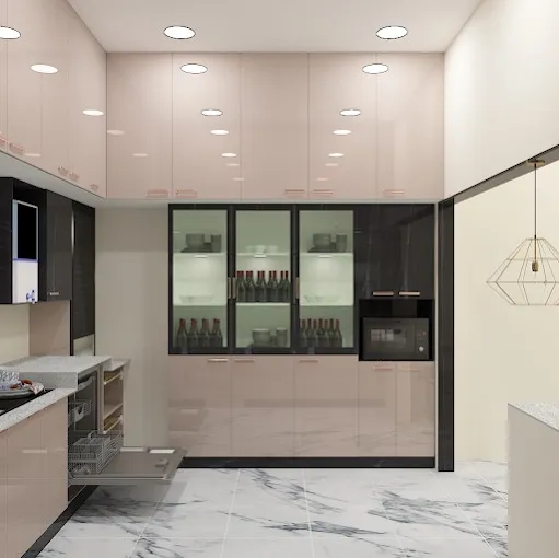 Modern L-Shaped Kitchen with Open Metal Shelving Modular Kitchen Desk and Decor 