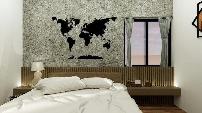 Bedroom with World Map Wall Art & Wooden Slat Headboard Wooden Classic Bedroom Desk and Decor 