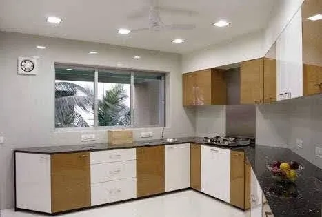 Modern L-Shaped Modular Kitchen with Wood Finish Modular Kitchen Desk and Decor 