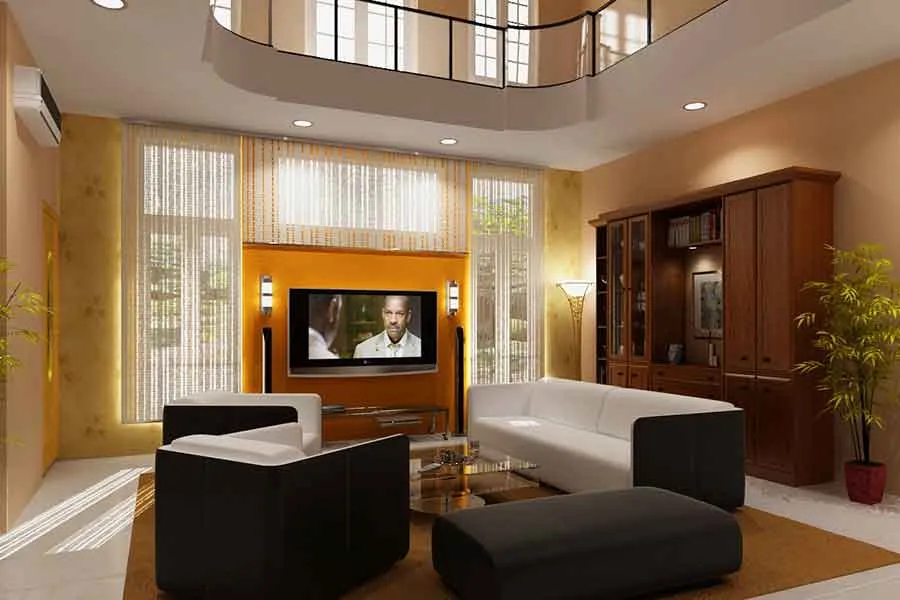 Double-Height Living Room with Mezzanine Balcony Modern Living Room Designs Desk and Decor 