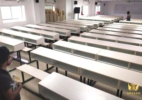 Classroom / Lecture Hall Bench Seating Setup Educational / Coaching Institute Desk and Decor 