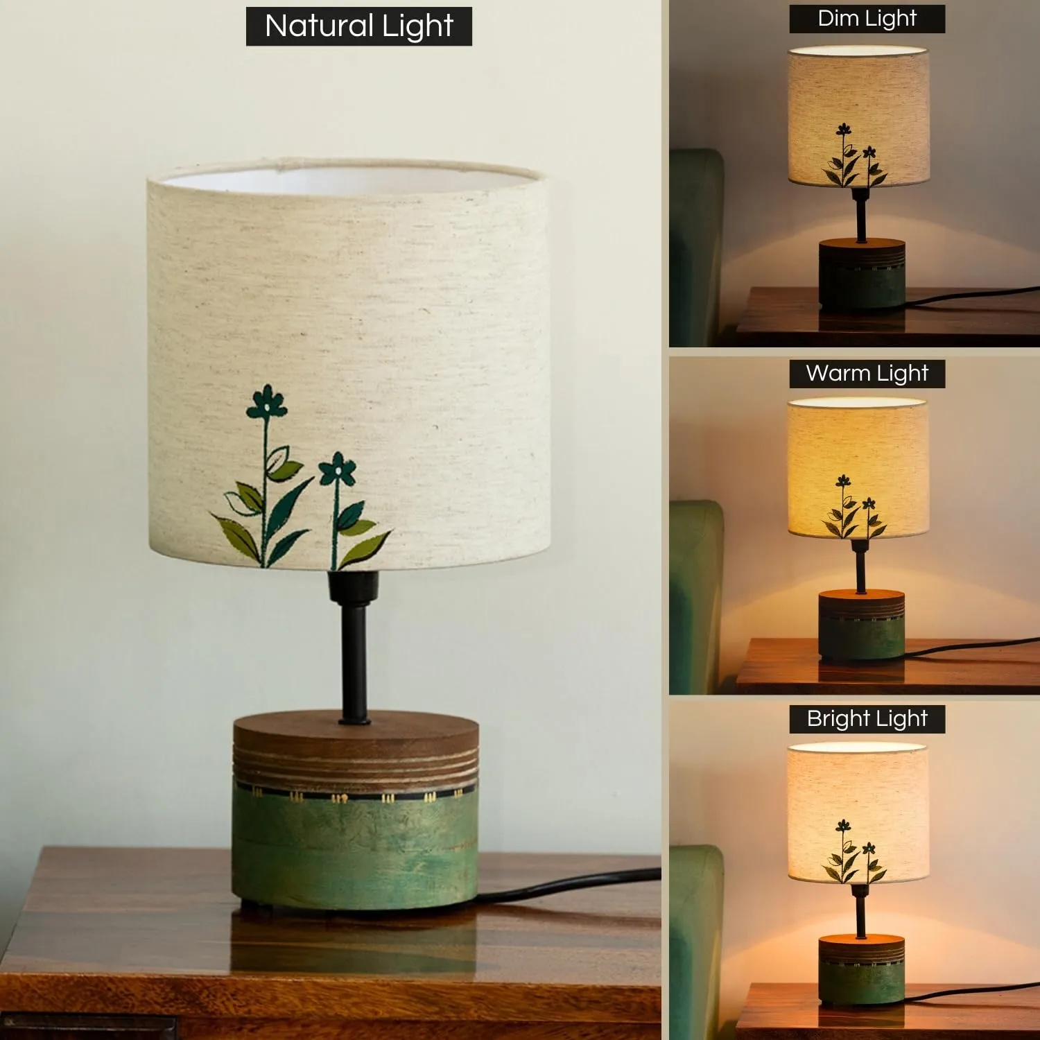 Dainty Flowers' Hand-Painted Decorative Mango Wood LED Table Lamp for Bedroom Decor Table Lamps Desk and Decor 