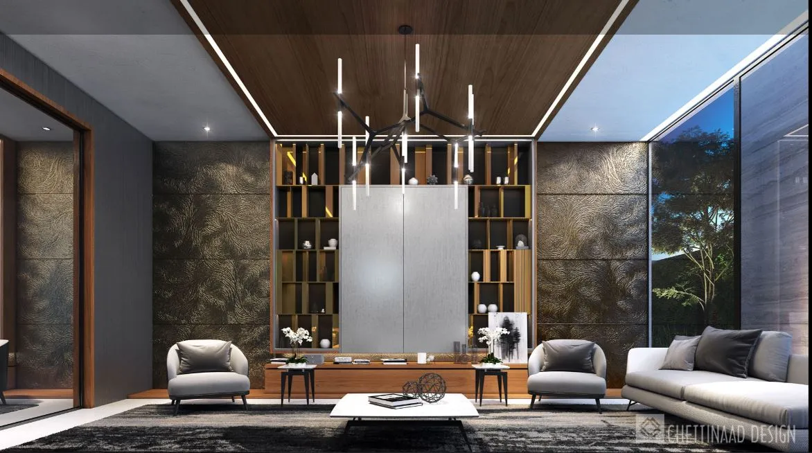 Luxury Living Room with Sculptural Chandelier & Circular Art Piece Modern Living Room Designs Desk and Decor 