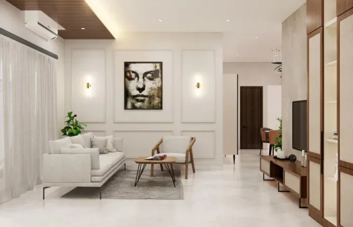 Living Room with Gallery Wall & Foyer Passage Modern Living Room Designs Desk and Decor 