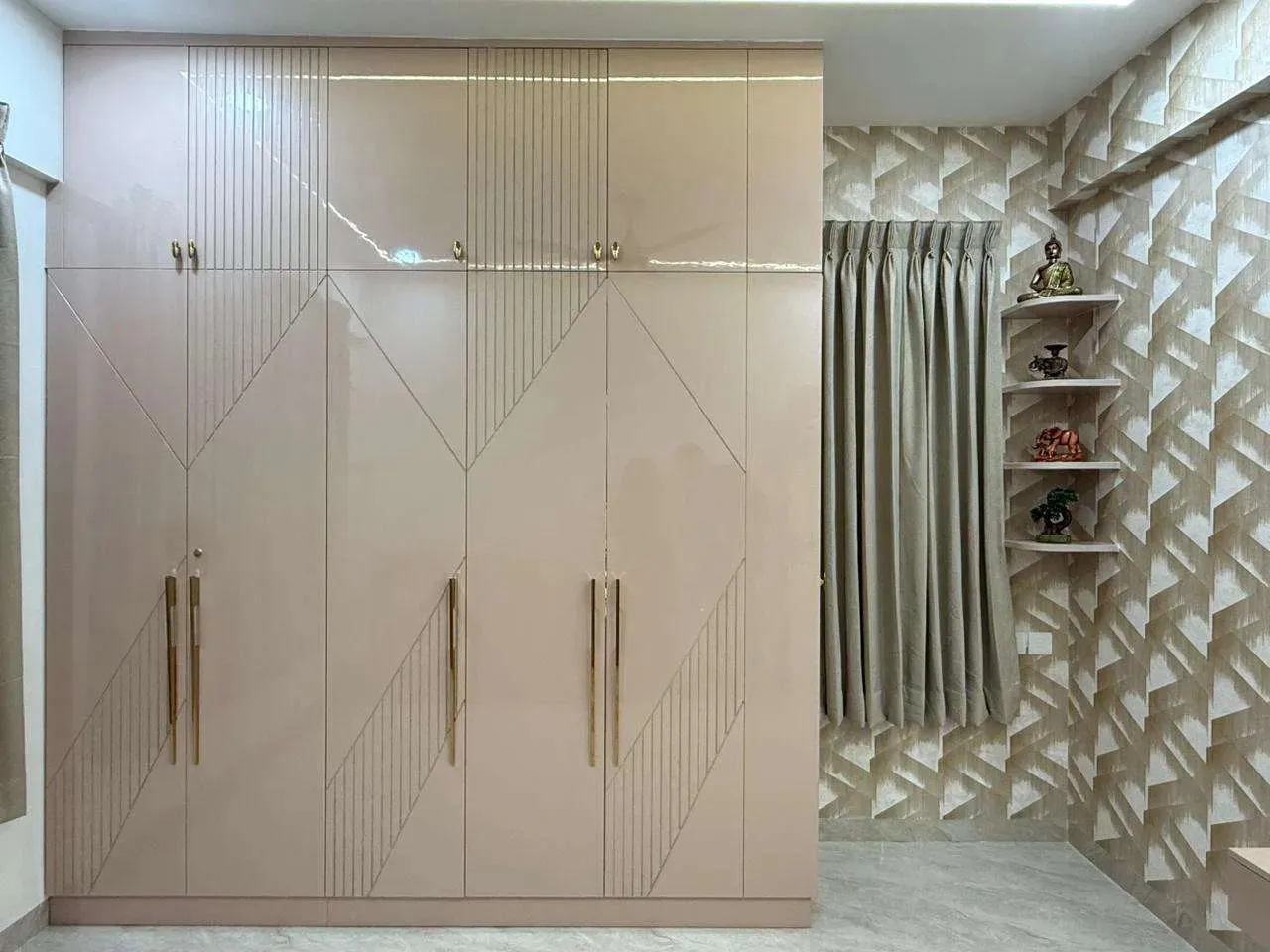 Luxury Glossy Wardrobe with Gold Trim & Loft Storage Modular Wardrobe Desk and Decor 