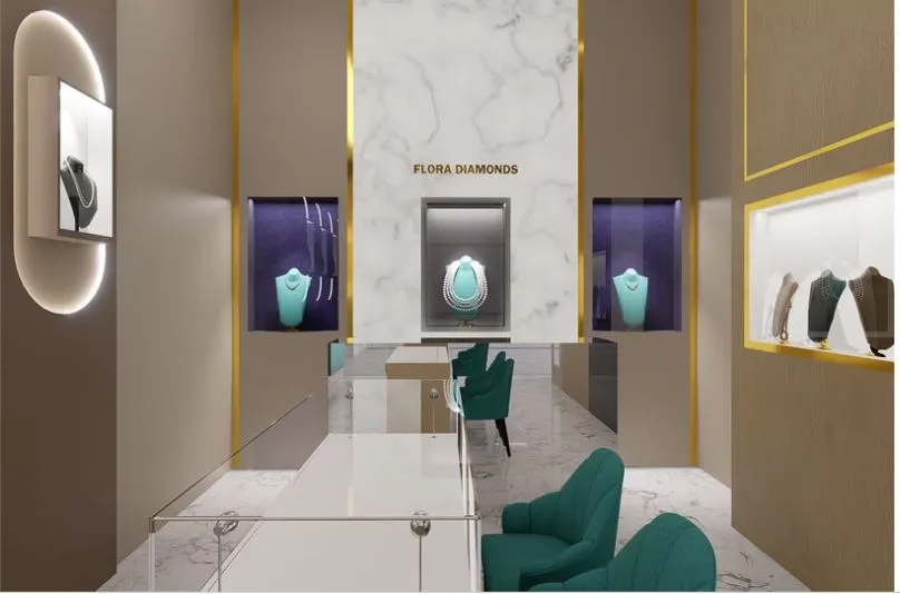 Jewelry Showroom Display Wall with Sculptural Feature & Backlit Niches Premium Showcase Units Desk and Decor 