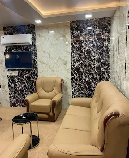 Reception Lobby / Elevator Foyer — Marble Feature Wall TV Unit Focused Design Desk and Decor 