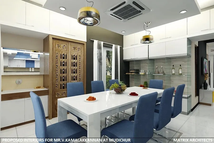 Open-Plan Dining Area with Bold Red Modular Kitchen Backdrop Open Dining with Living Desk and Decor 