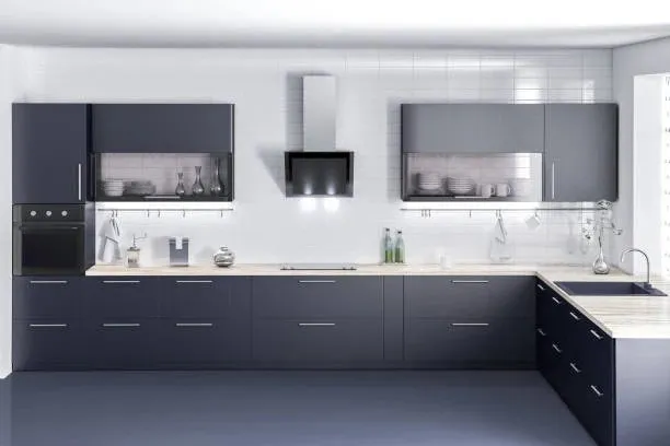 Semi-Open Kitchen with Pass-Through Serving Counter Modular Kitchen Desk and Decor 