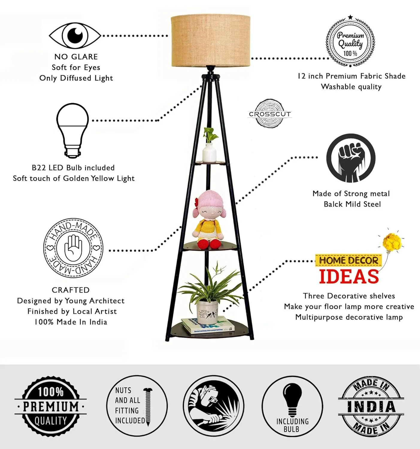 Crosscut Furniture LED Tripod Floor Lamp with 3 Shelves Table Lamps Desk and Decor 
