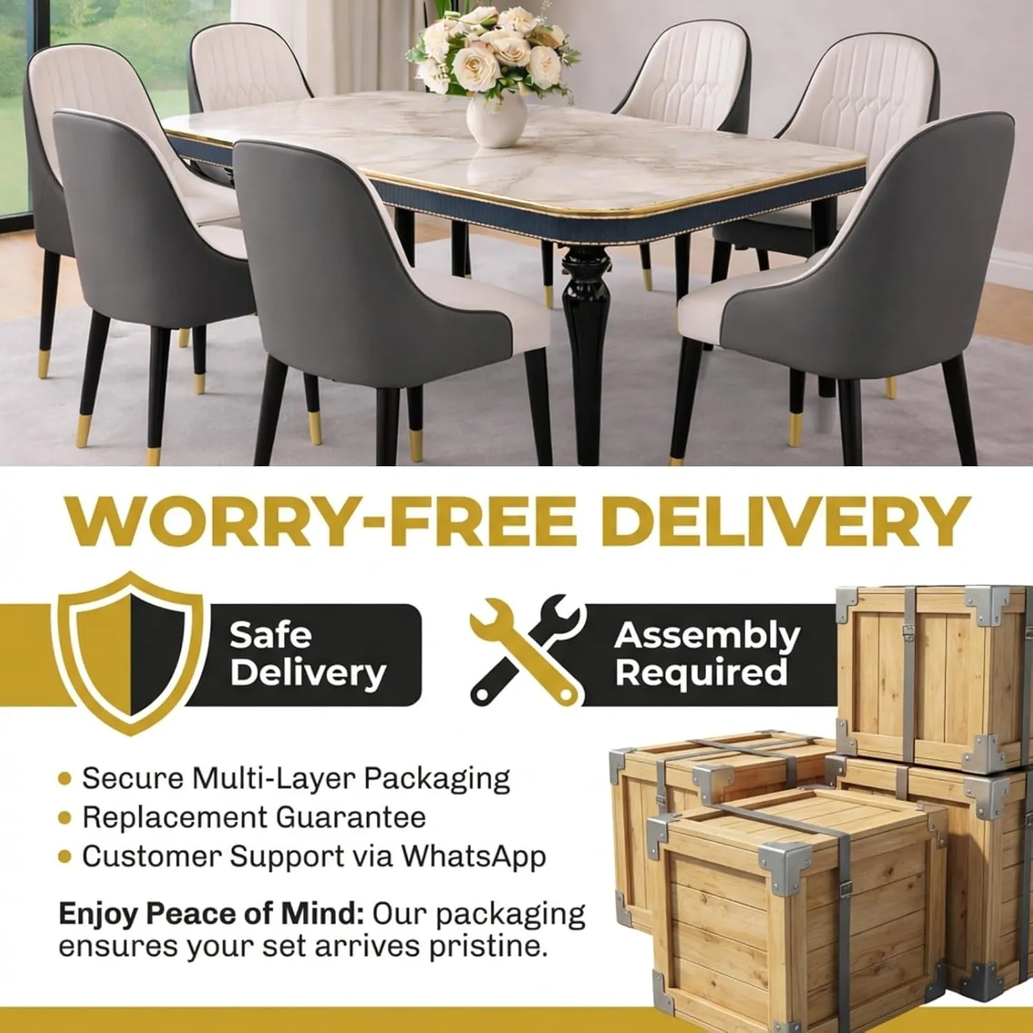 6 Seater Dining Table Set with Nano Composite Marble Top, Solid Wood Base & 6 Upholstered Chairs 4 Seater Dining Tables Desk and Decor 