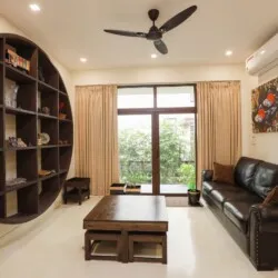 Resort Living Lounge with Wooden Jaali Partition Waiting Lounge Design Desk and Decor 