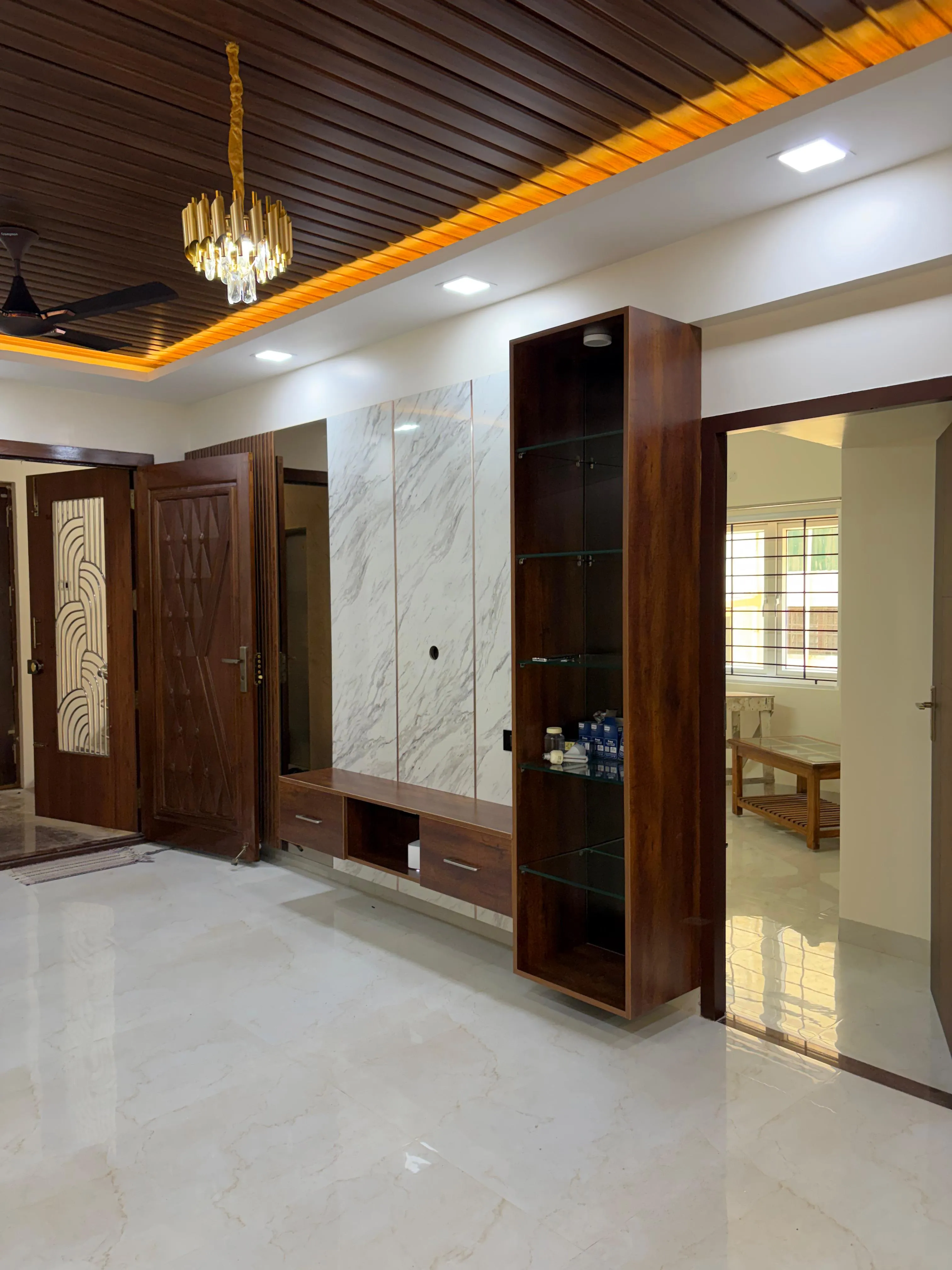 Modern Contrast Floating Marble Media Unit with Walnut Display Tower Wall Mounted TV Units Desk and Decor 