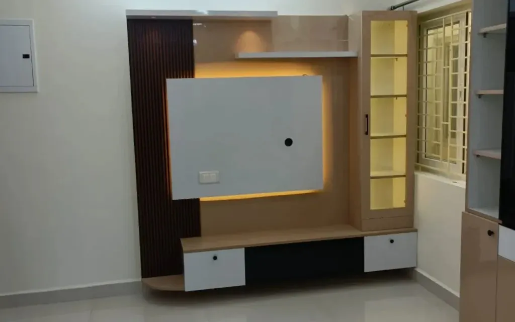 TV Feature Wall with Display Cabinet TV Unit Focused Design Desk and Decor 