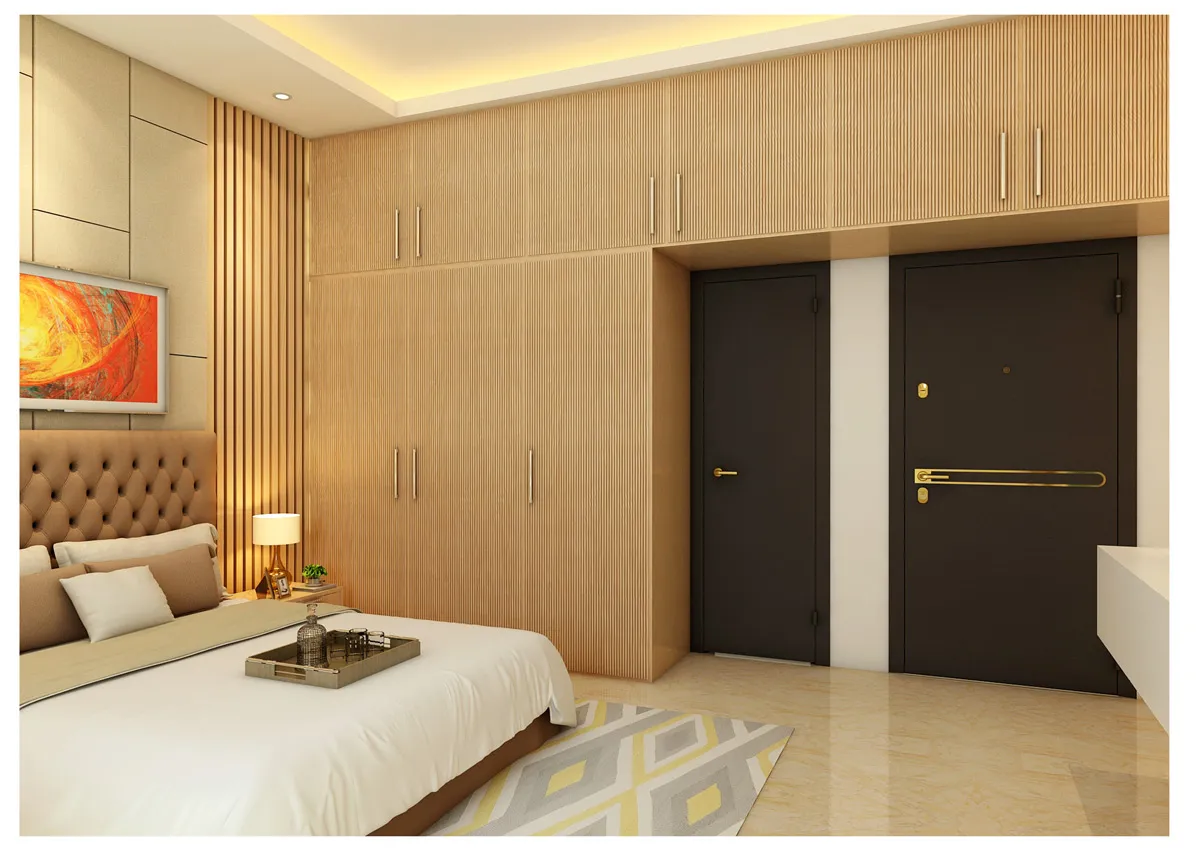 Master Bedroom with Mirror-Inlay Feature Wall Modern Bedroom Desk and Decor 