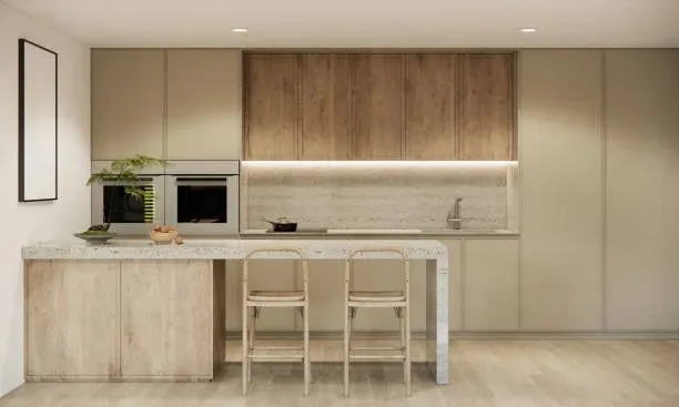 Semi-Open Kitchen with Pass-Through Serving Counter Modular Kitchen Desk and Decor 