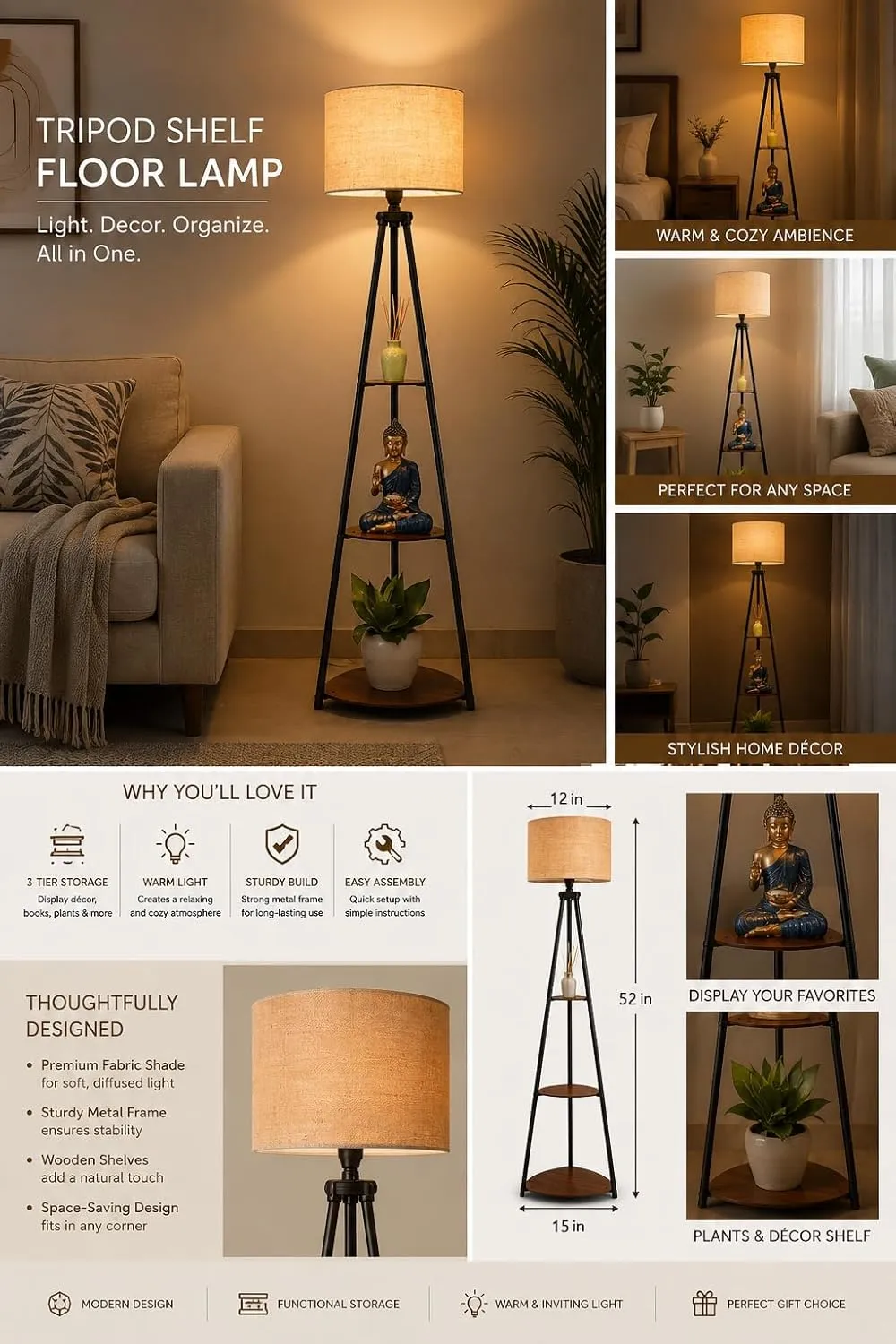 Crosscut Furniture LED Tripod Floor Lamp with 3 Shelves Table Lamps Desk and Decor 