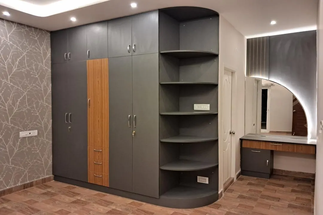 Modern Charcoal Gray Wardrobe with Curved Open Shelving and Matching Vanity Unit Modular Wardrobe Desk and Decor 
