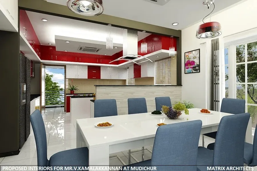 Open-Plan Dining Area with Bold Red Modular Kitchen Backdrop Open Dining with Living Desk and Decor 