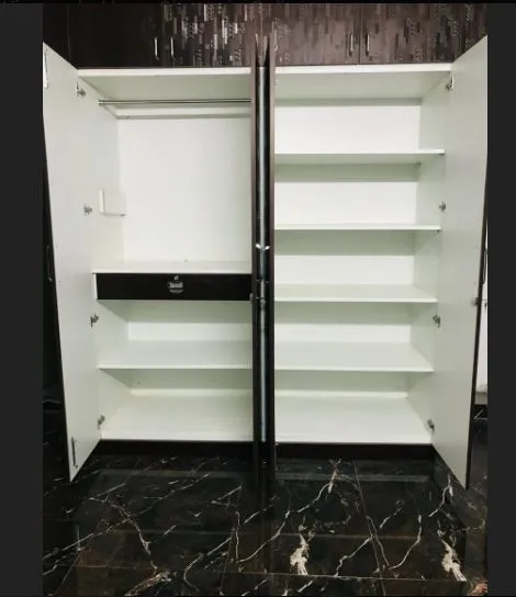 Dark Wood-Finish Wardrobe with White Interior Storage Modular Wardrobe Desk and Decor 