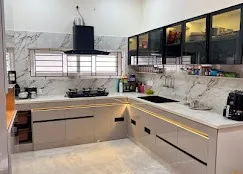 Modular Kitchen with Tall Storage Unit & Marble Backsplash Modular Kitchen Desk and Decor 