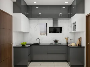 Grey & White U-Shaped Modular Kitchen with Marble Backsplash Modular Kitchen Desk and Decor 