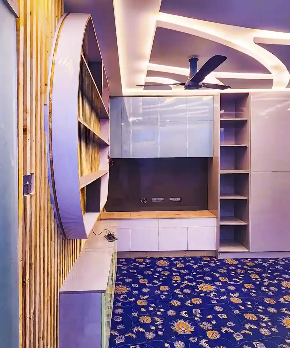 Luxury Bedroom with Fluted Wood Ceiling & Concrete-Finish Accent Wall Modern Bedroom Desk and Decor 