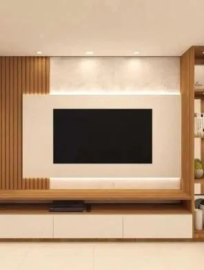 Modern TV Unit Design with Wood Slats and Backlit Panel TV Unit Focused Design Desk and Decor 