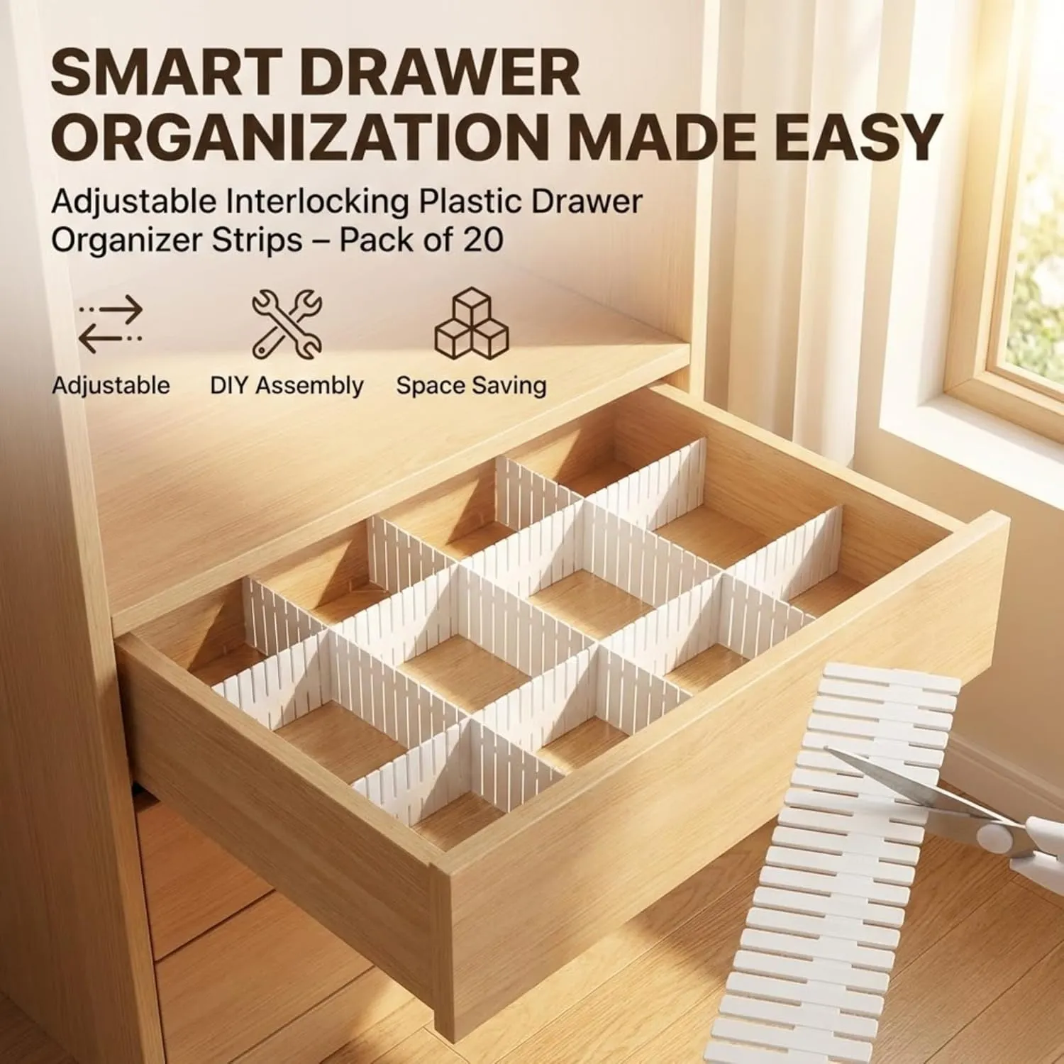 Adjustable Strips Interlocking Self Assembly Plastic Drawer Divider Storage Organizer Drawer Dividers Desk and Decor 