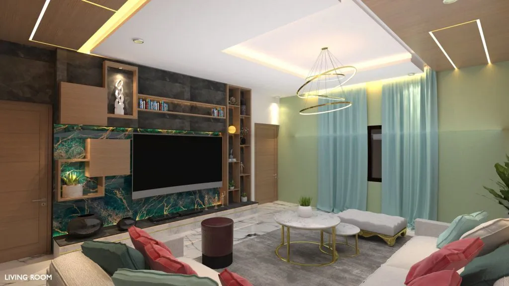 Modern Living Room TV Unit with Green Marble Accent & Ring Chandelier Modern Living Room Designs Desk and Decor 
