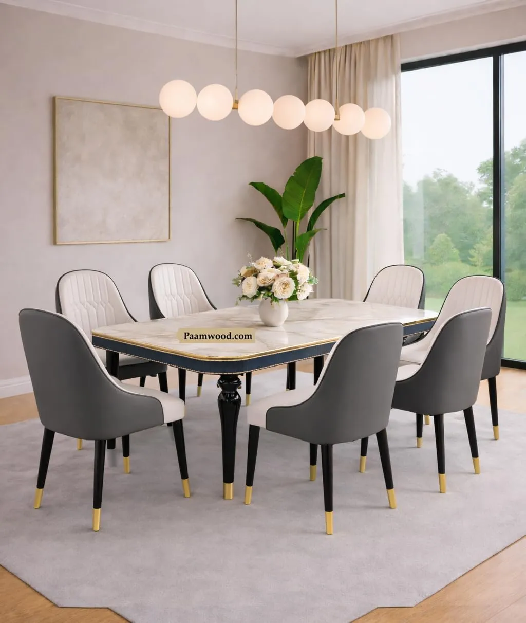 6 Seater Dining Table Set with Nano Composite Marble Top, Solid Wood Base & 6 Upholstered Chairs 4 Seater Dining Tables Desk and Decor 