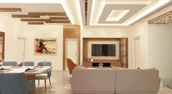 Contemporary Living Room with Coffered Ceiling & Staircase View Modern Living Room Designs Desk and Decor 