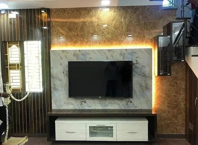 Reception Lobby / Elevator Foyer — Marble Feature Wall TV Unit Focused Design Desk and Decor 