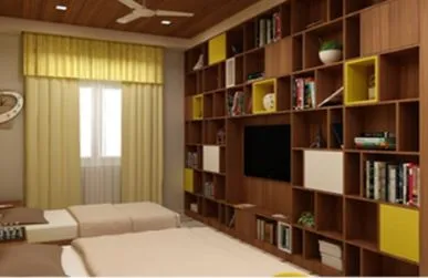 Contemporary Bedroom with Stone-Clad TV Feature Wall and Curved False Ceiling Modern Bedroom Desk and Decor 