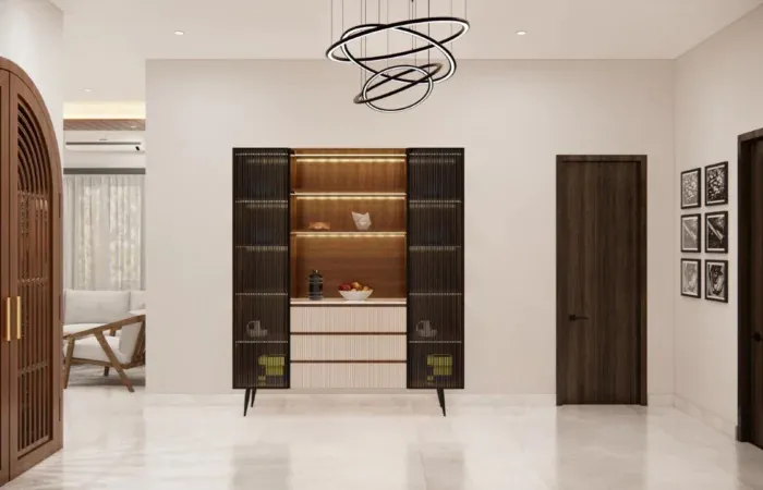 Living Room with Gallery Wall & Foyer Passage Modern Living Room Designs Desk and Decor 