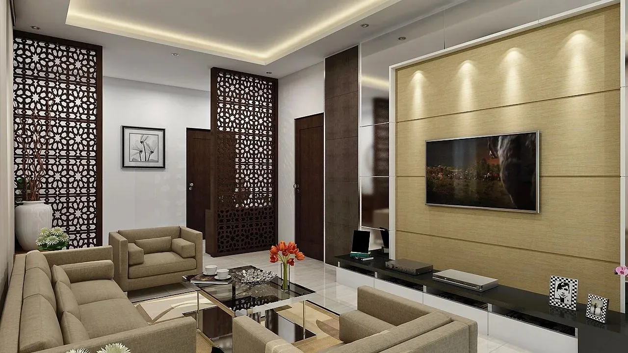 Modern Living Room with Textured 3D Wall Panel & Glass-Partitioned Dining Area Modern Living Room Designs Desk and Decor 