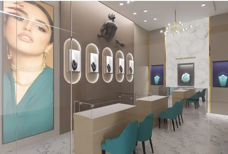 Jewelry Showroom Display Wall with Sculptural Feature & Backlit Niches Premium Showcase Units Desk and Decor 