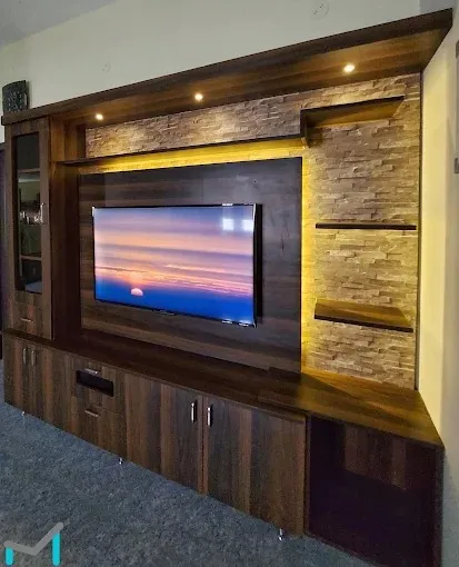 Wall-Mounted TV Unit with Glass Display Cabinet & Wood Accent TV Unit Focused Design Desk and Decor 