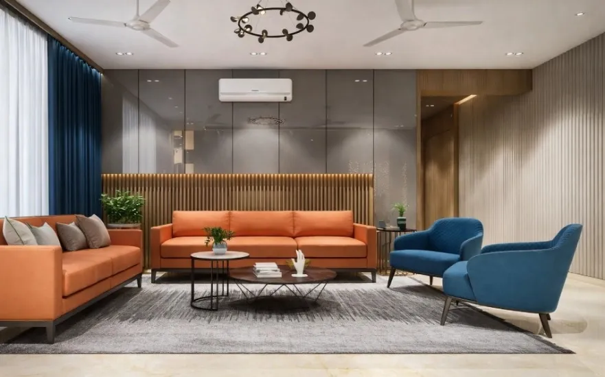 Contemporary Living Room with Orange Sofas and Blue Accent Chairs Modern Living Room Designs Desk and Decor 