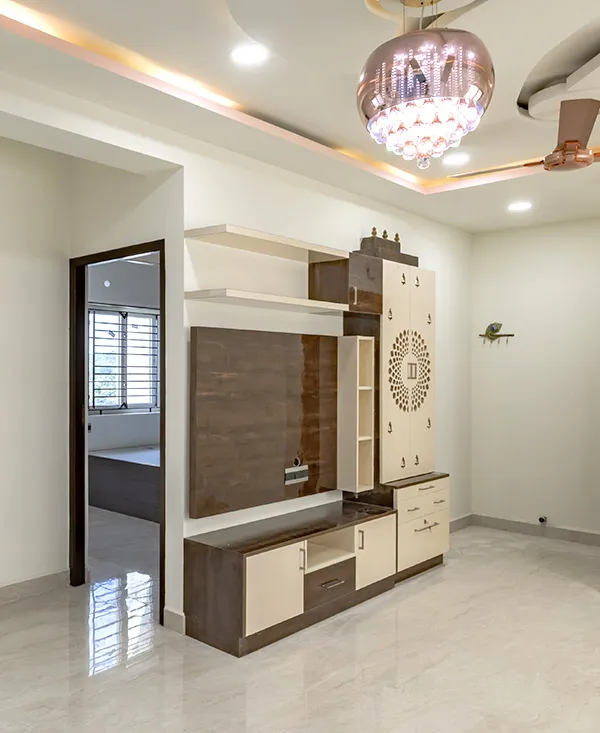 TV Unit with Integrated Pooja/Display Niche TV Unit Focused Design Desk and Decor 