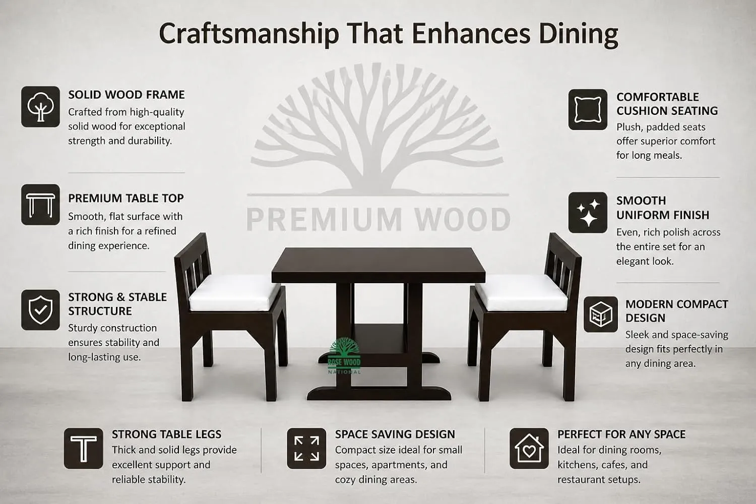 National Solid Mango Wood 2 Seater Dining Table Set with Cushioned Chairs 2 Seater Dining Tables Desk and Decor 