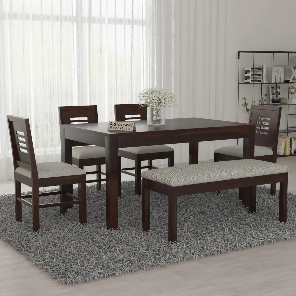 Adichwal Furniture Sheesham Wood 4 Chair with 1 Bench Dining Table Set with Cushioned Chairs for Dining Room Modern Dining Room Designs Desk and Decor 