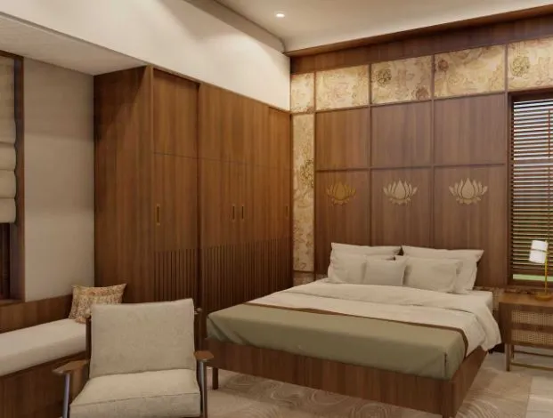 Master Bedroom with Wardrobe & Bed Backwall Modern Bedroom Desk and Decor 
