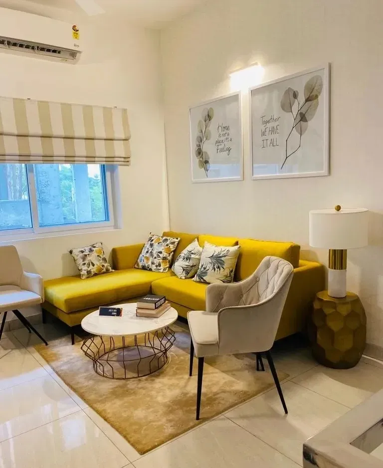Living Room with Study Console & Yellow Settee Modern Living Room Designs Desk and Decor 