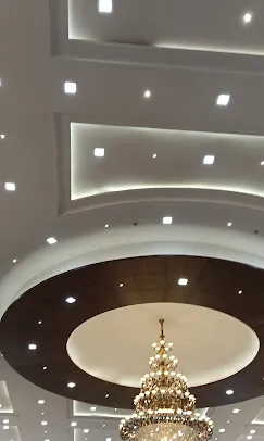 Multi-Tier Circular False Ceiling with Crystal Chandelier Architectural False Ceiling & Lighting Desk and Decor 